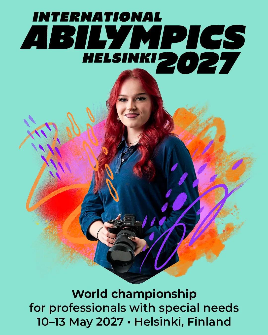 Official Helsinki 2027 poster: a photography competitor holding a camera, with the text 'International Abilympics Helsinki 2027 — world championship for professionals with special needs, 10–13 May 2027, Helsinki, Finland'.